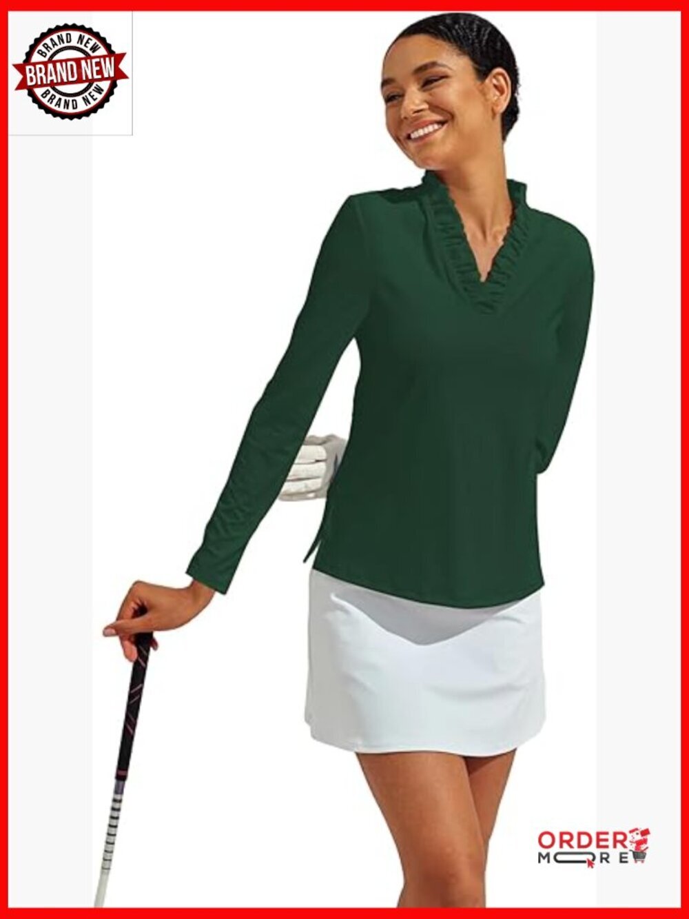 UPF 50+ Ruffle V-Neck Long Sleeve Polo for Golf Tennis Rash Guard Pullover